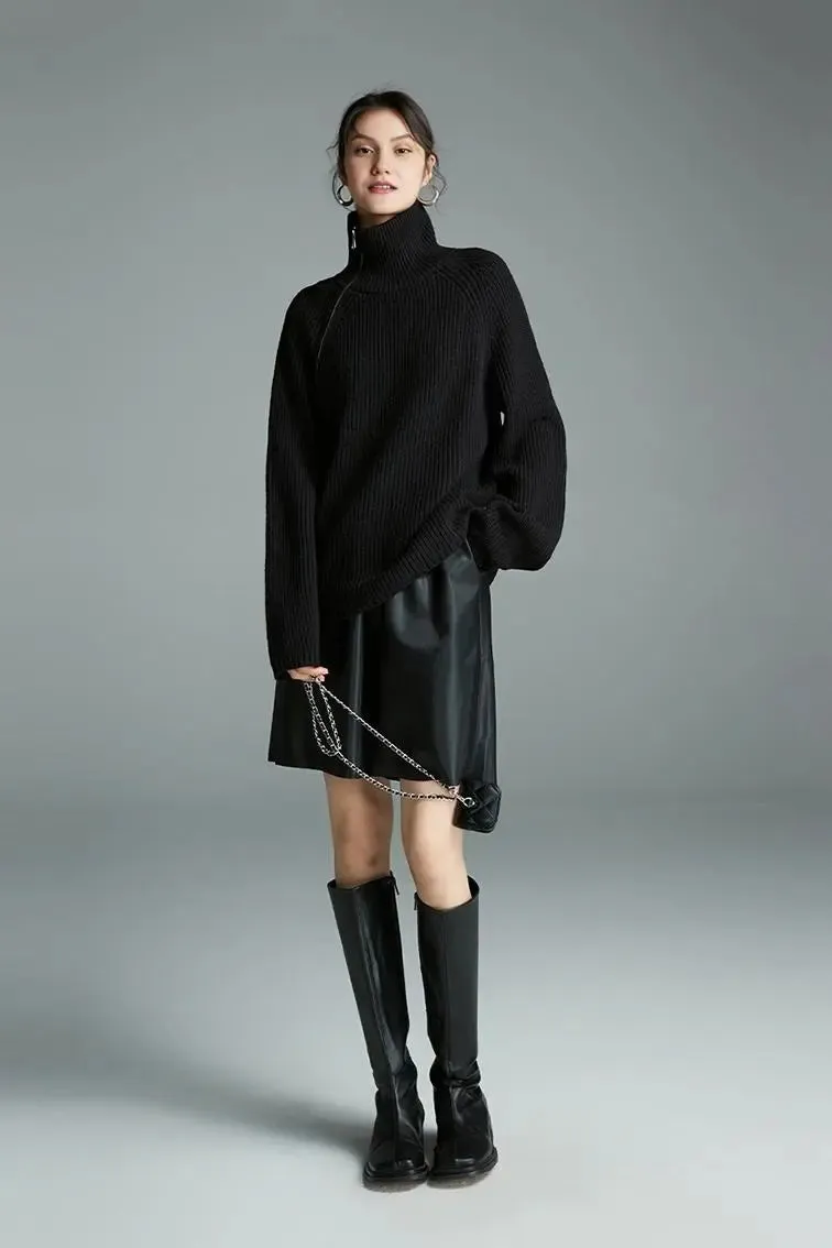 100 Wool Chunky Asymmetric Zip Turtleneck Knit Sweater