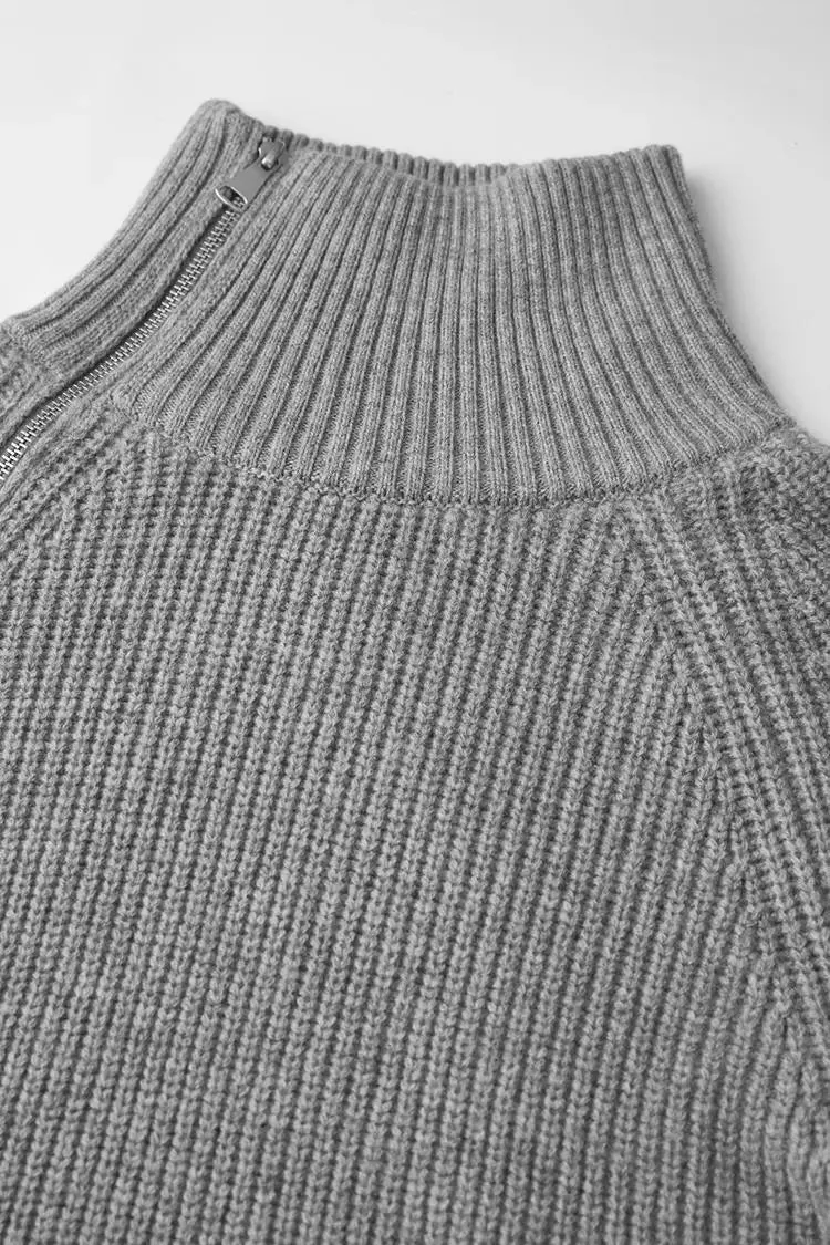 100 Wool Chunky Asymmetric Zip Turtleneck Knit Sweater