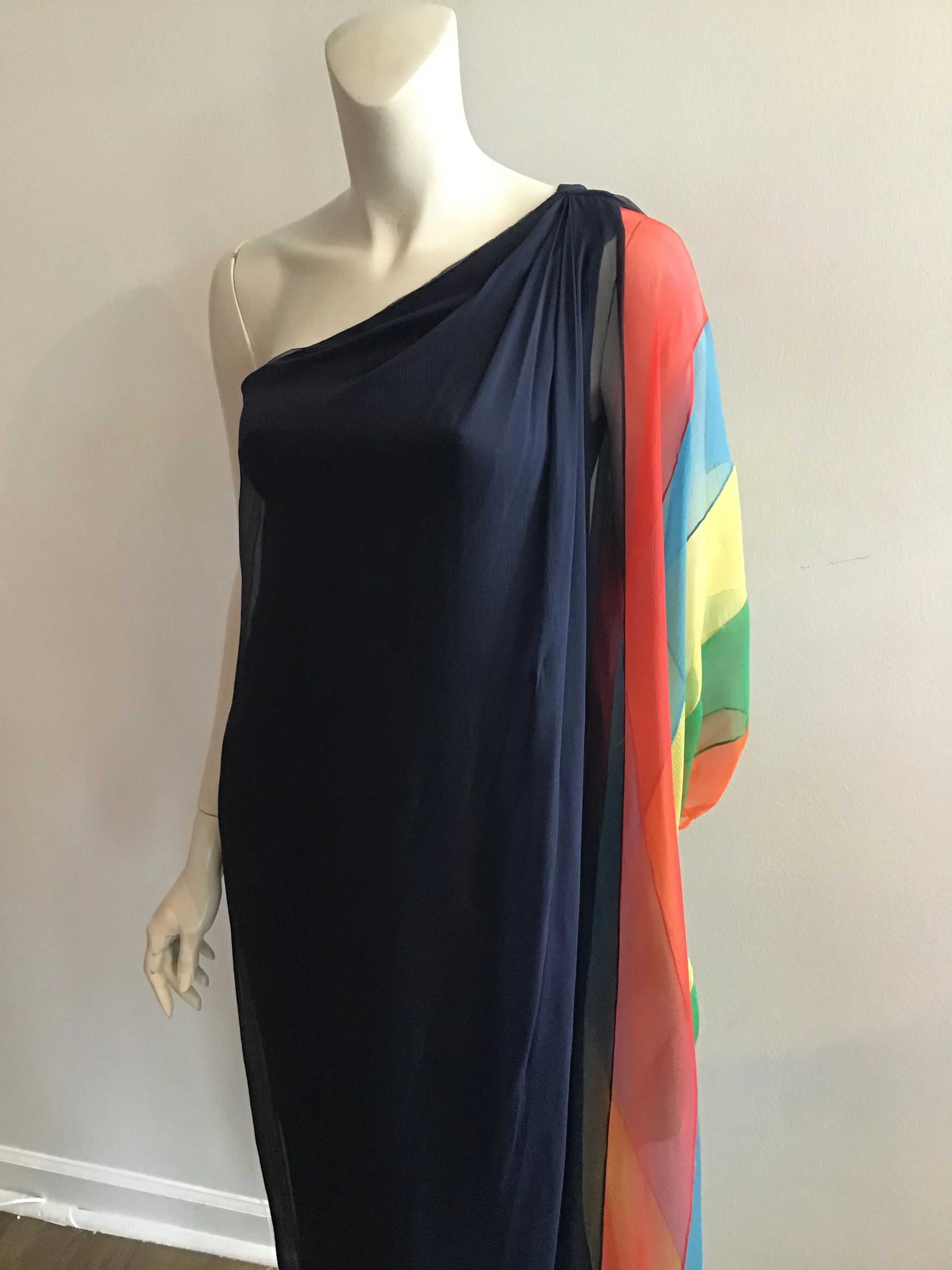 1960s Galanos Navy Chiffon One Shoulder Evening Gown