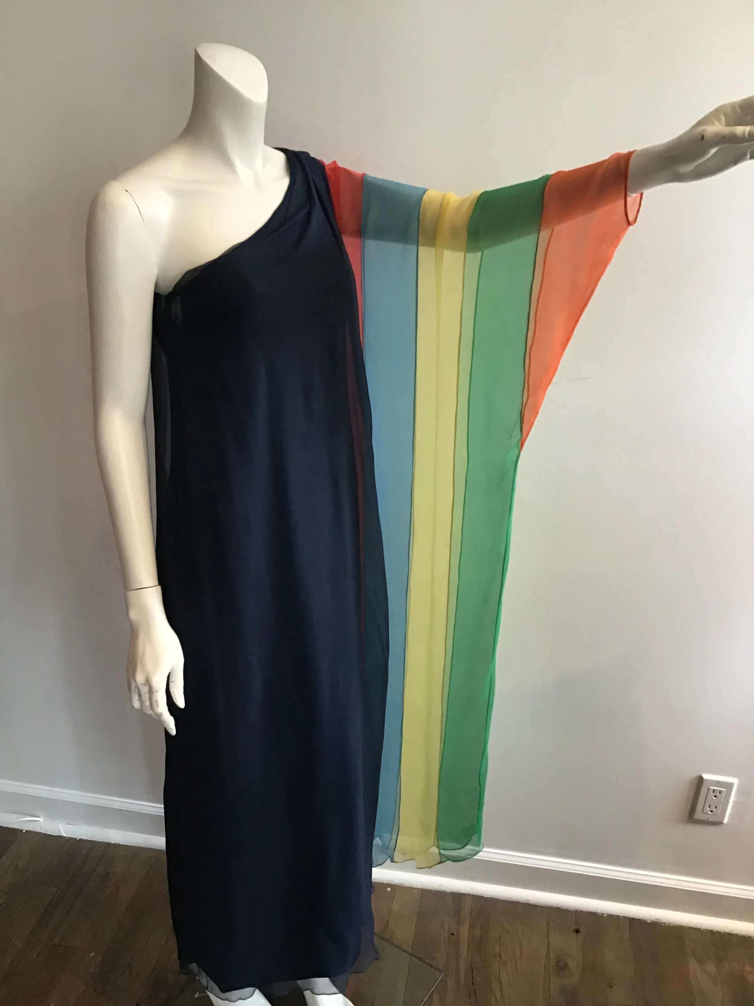 1960s Galanos Navy Chiffon One Shoulder Evening Gown