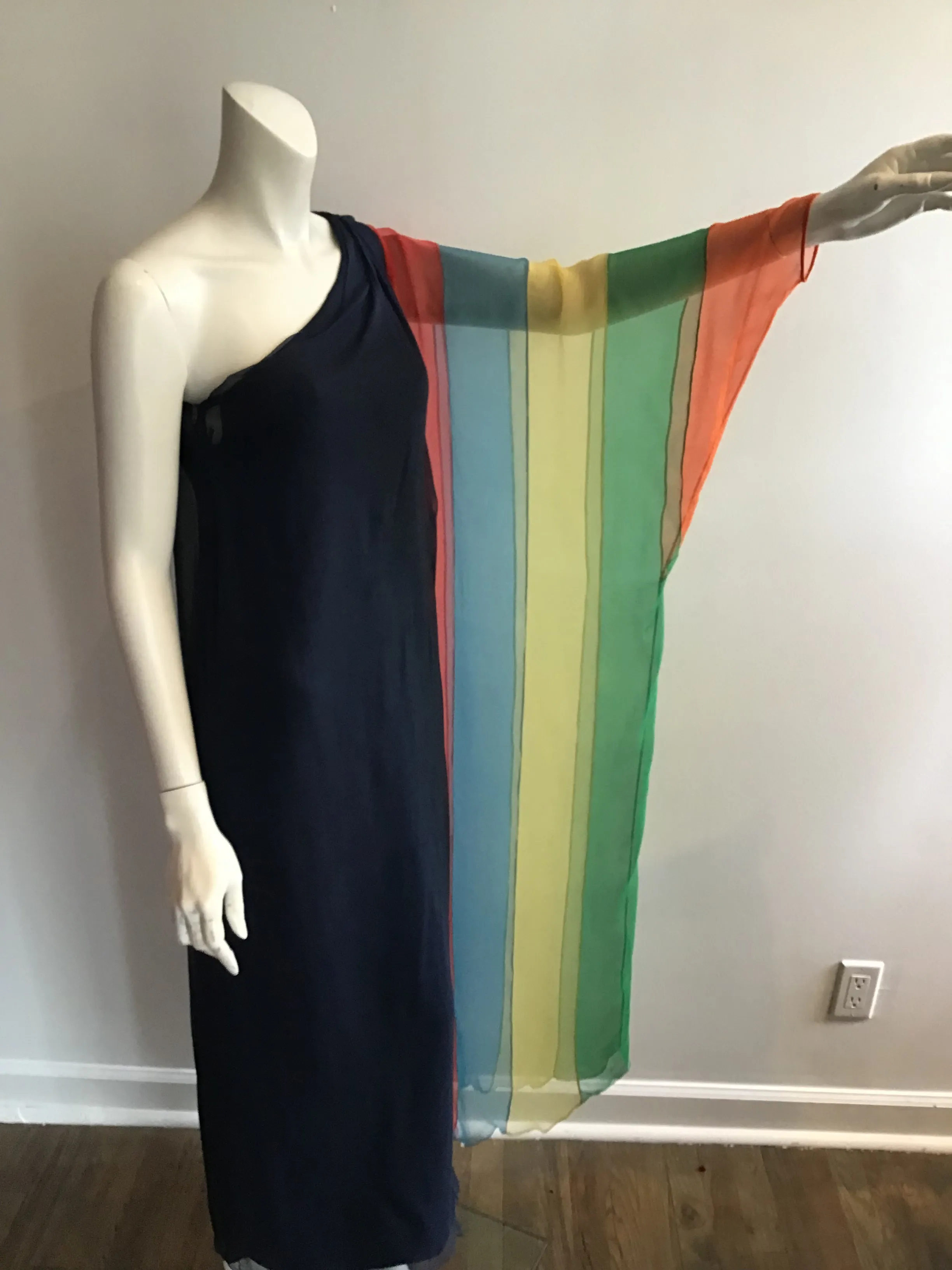 1960s Galanos Navy Chiffon One Shoulder Evening Gown