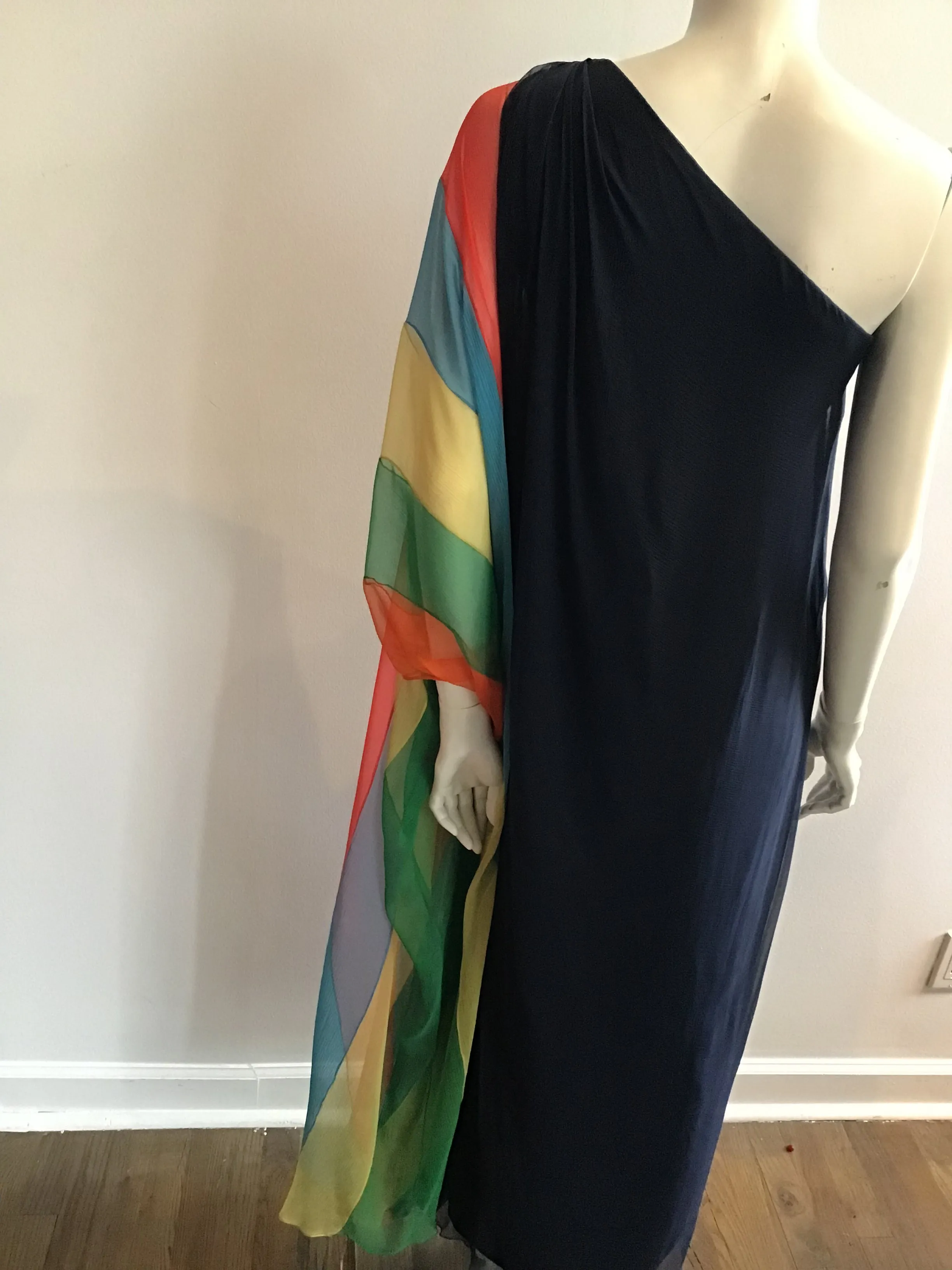 1960s Galanos Navy Chiffon One Shoulder Evening Gown