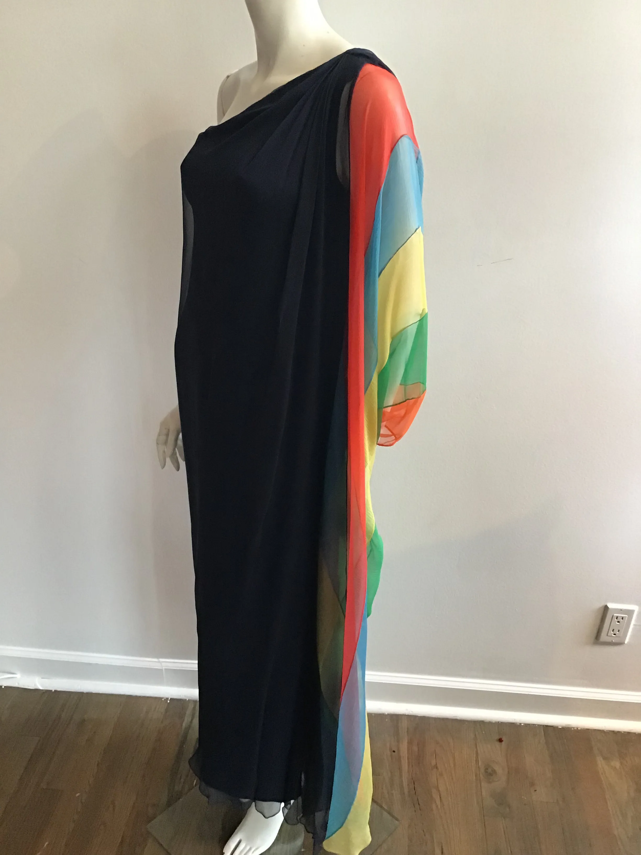 1960s Galanos Navy Chiffon One Shoulder Evening Gown