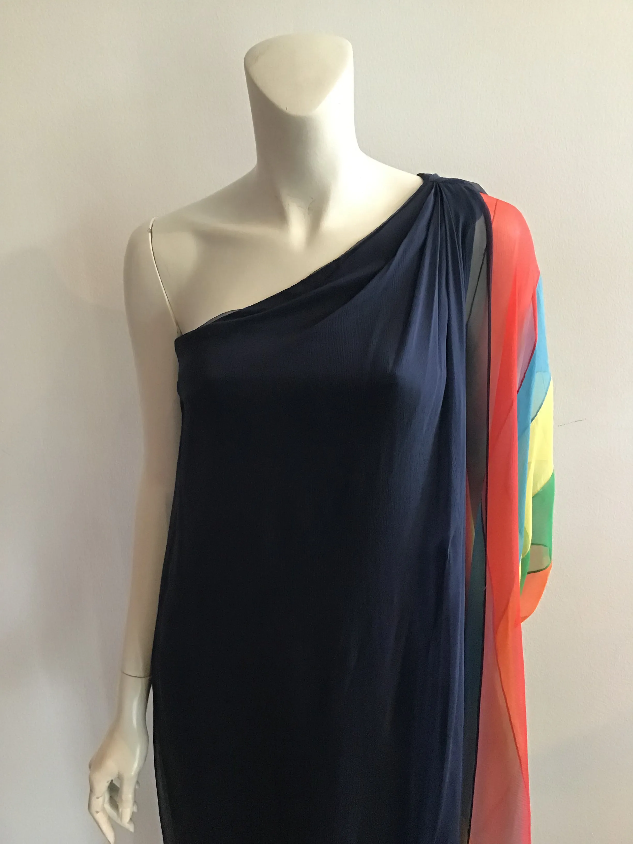 1960s Galanos Navy Chiffon One Shoulder Evening Gown