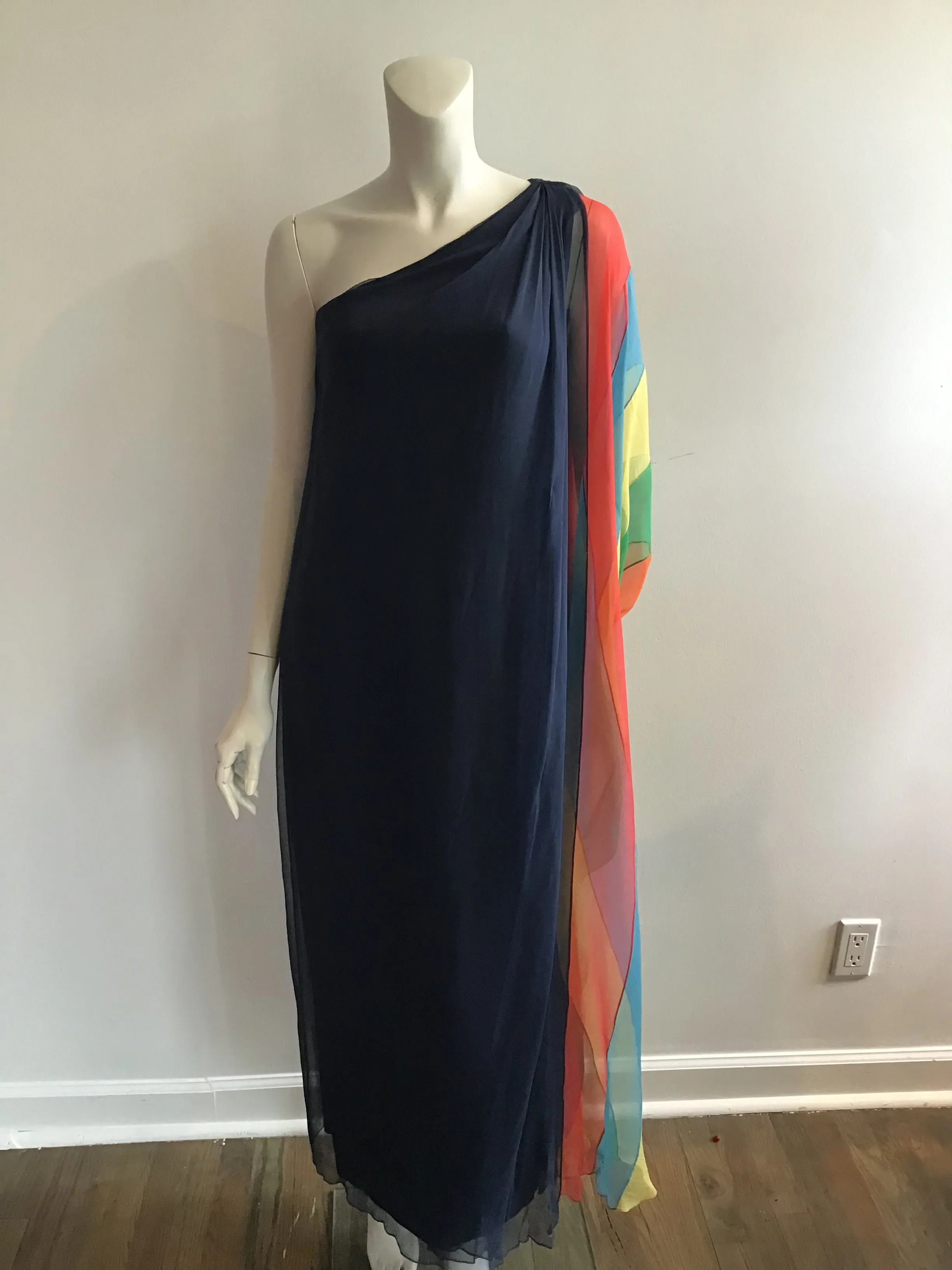1960s Galanos Navy Chiffon One Shoulder Evening Gown