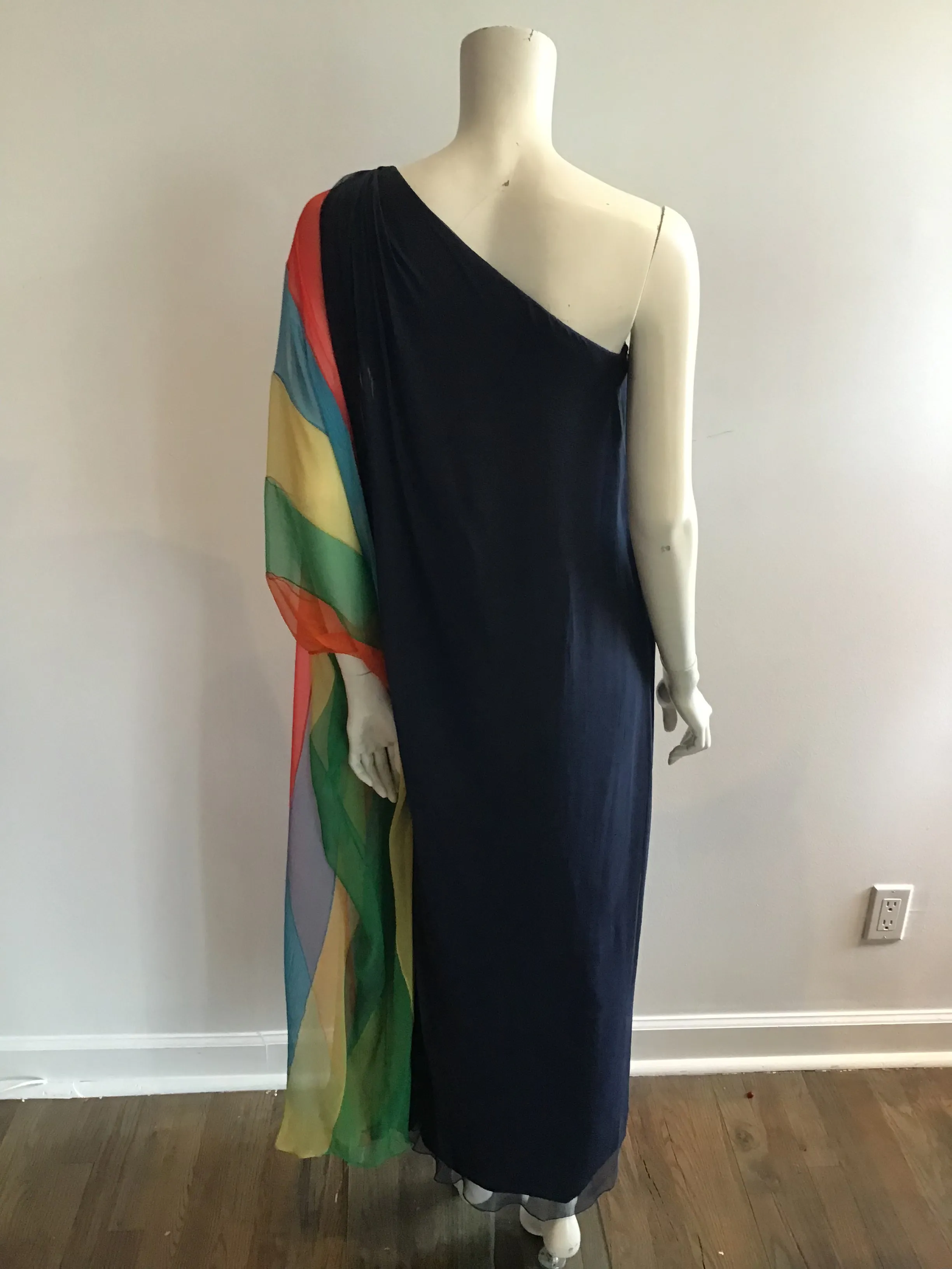 1960s Galanos Navy Chiffon One Shoulder Evening Gown