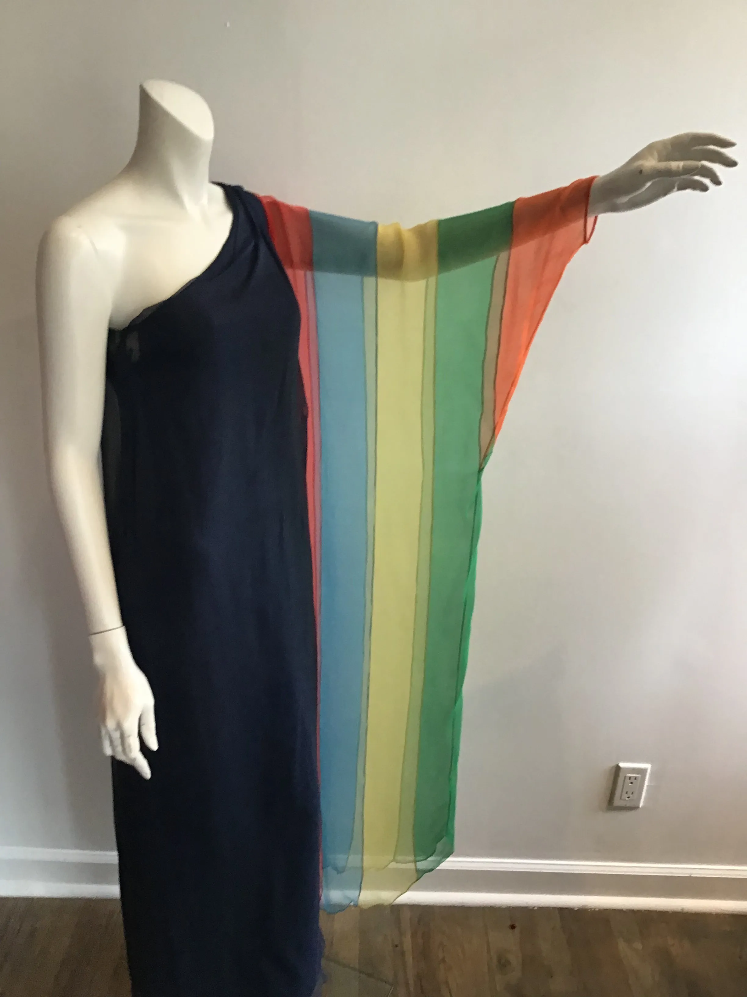 1960s Galanos Navy Chiffon One Shoulder Evening Gown