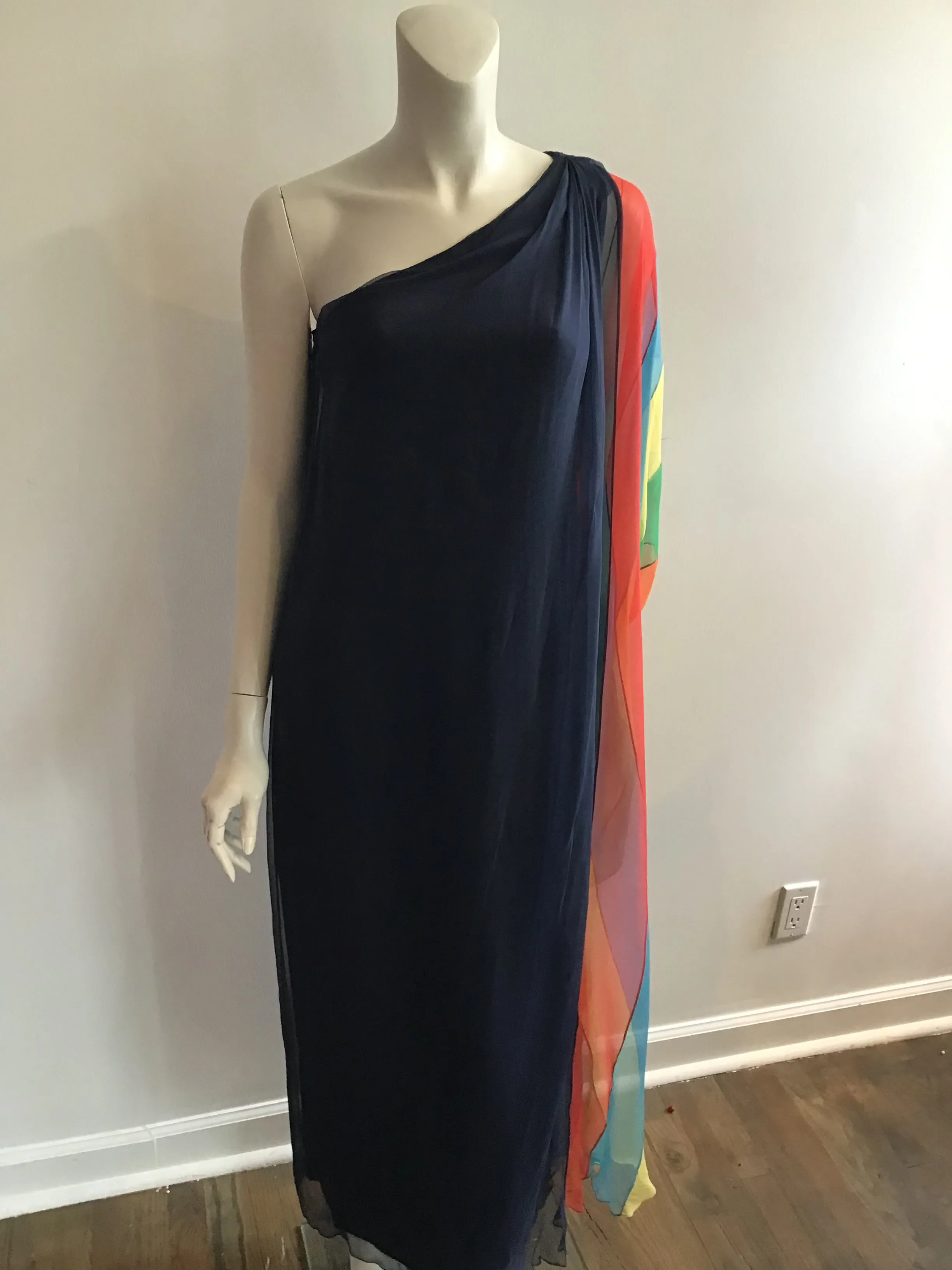 1960s Galanos Navy Chiffon One Shoulder Evening Gown