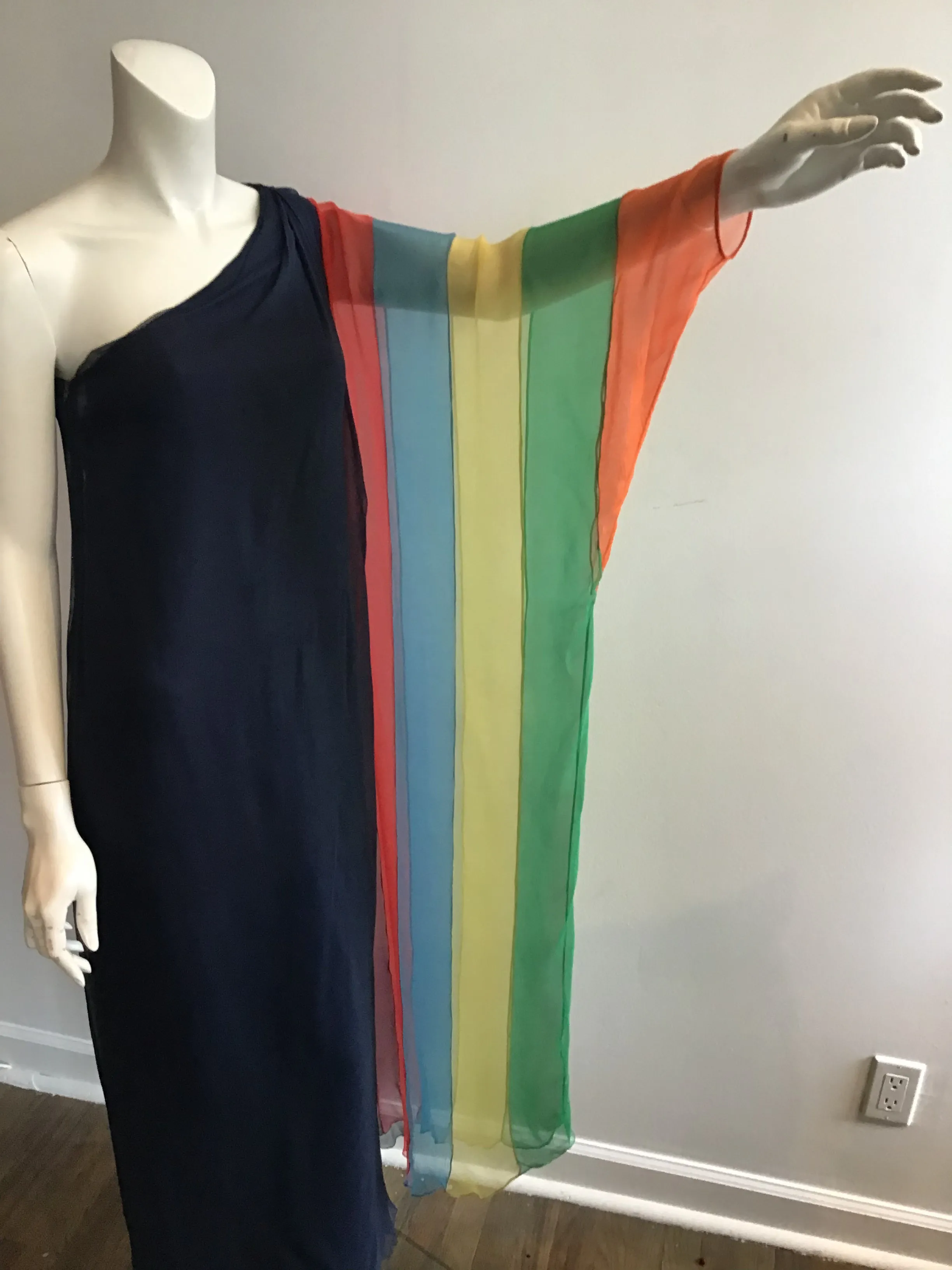 1960s Galanos Navy Chiffon One Shoulder Evening Gown
