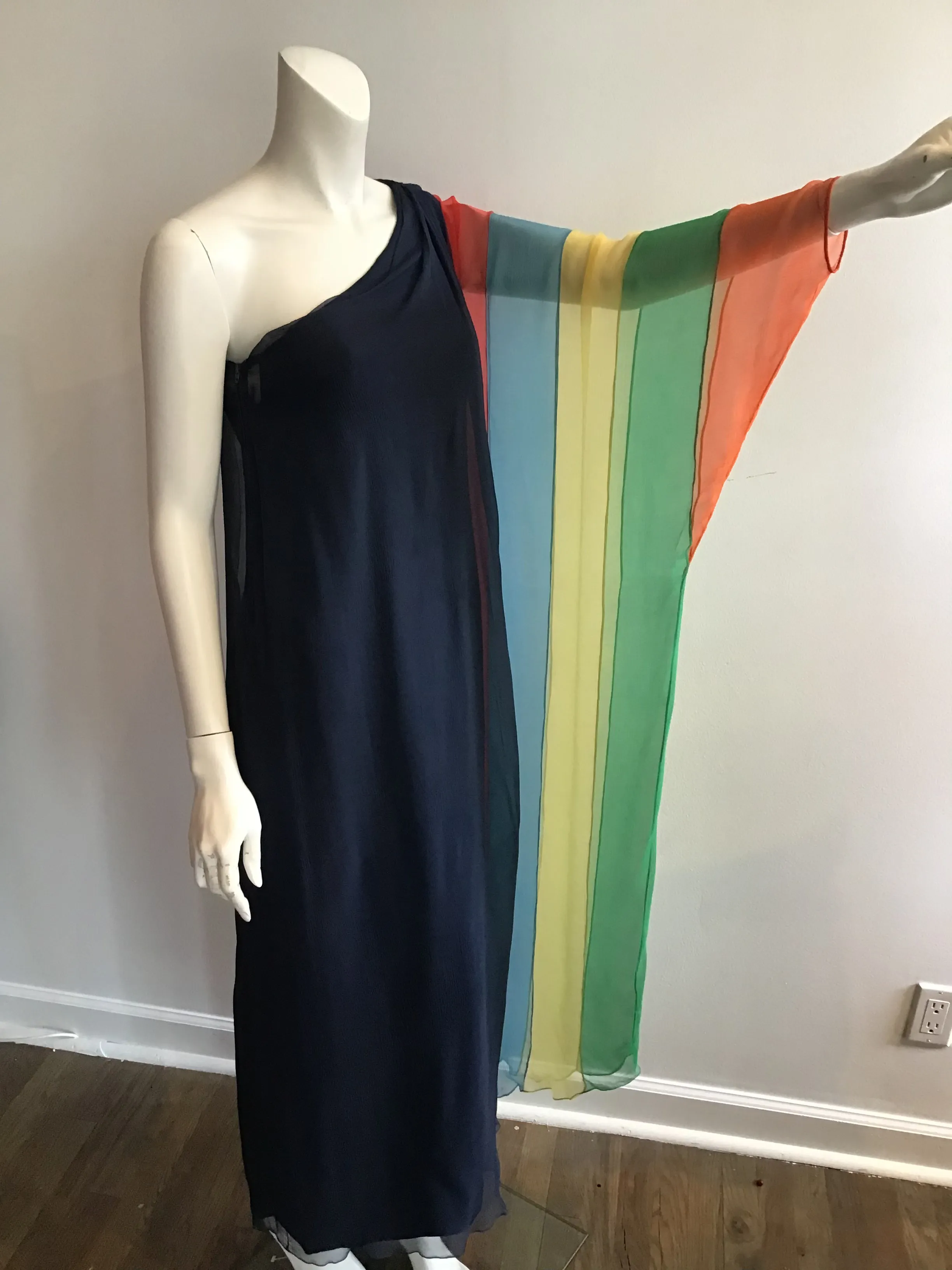 1960s Galanos Navy Chiffon One Shoulder Evening Gown