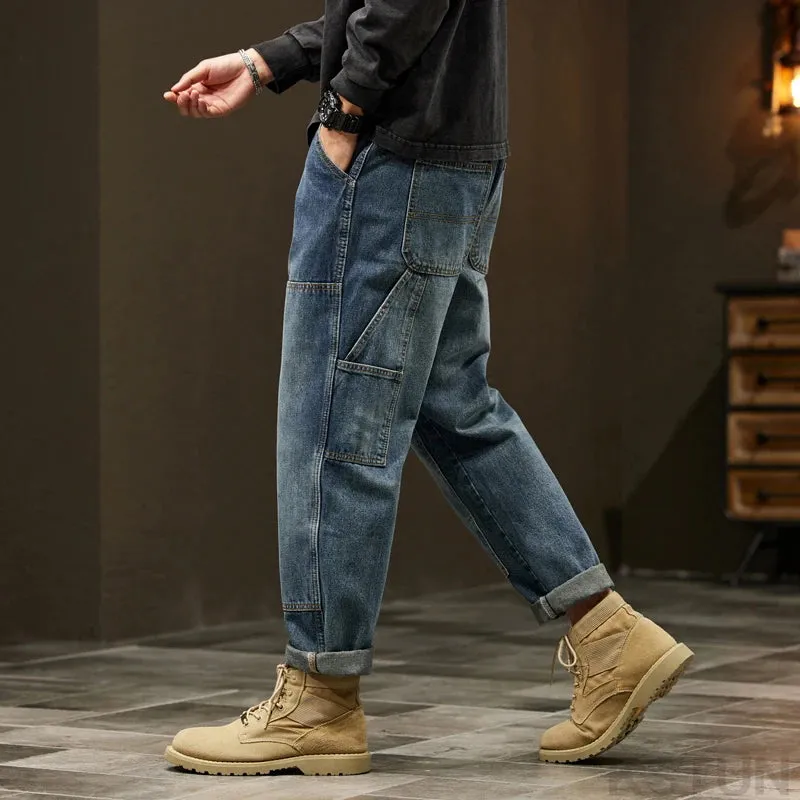 2024 Cargo Jeans Men Harem Pants Loose Baggy Pants Blue Patched Fashion Designer Pockets Trousers Oversized Tapered Streetwear
