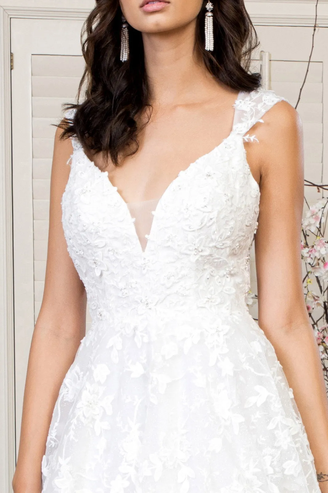 3D Floral Embroidery Cap Sleeve V-Neck Glitter Mesh Wedding Gown - Mask Not Included GLGL1950
