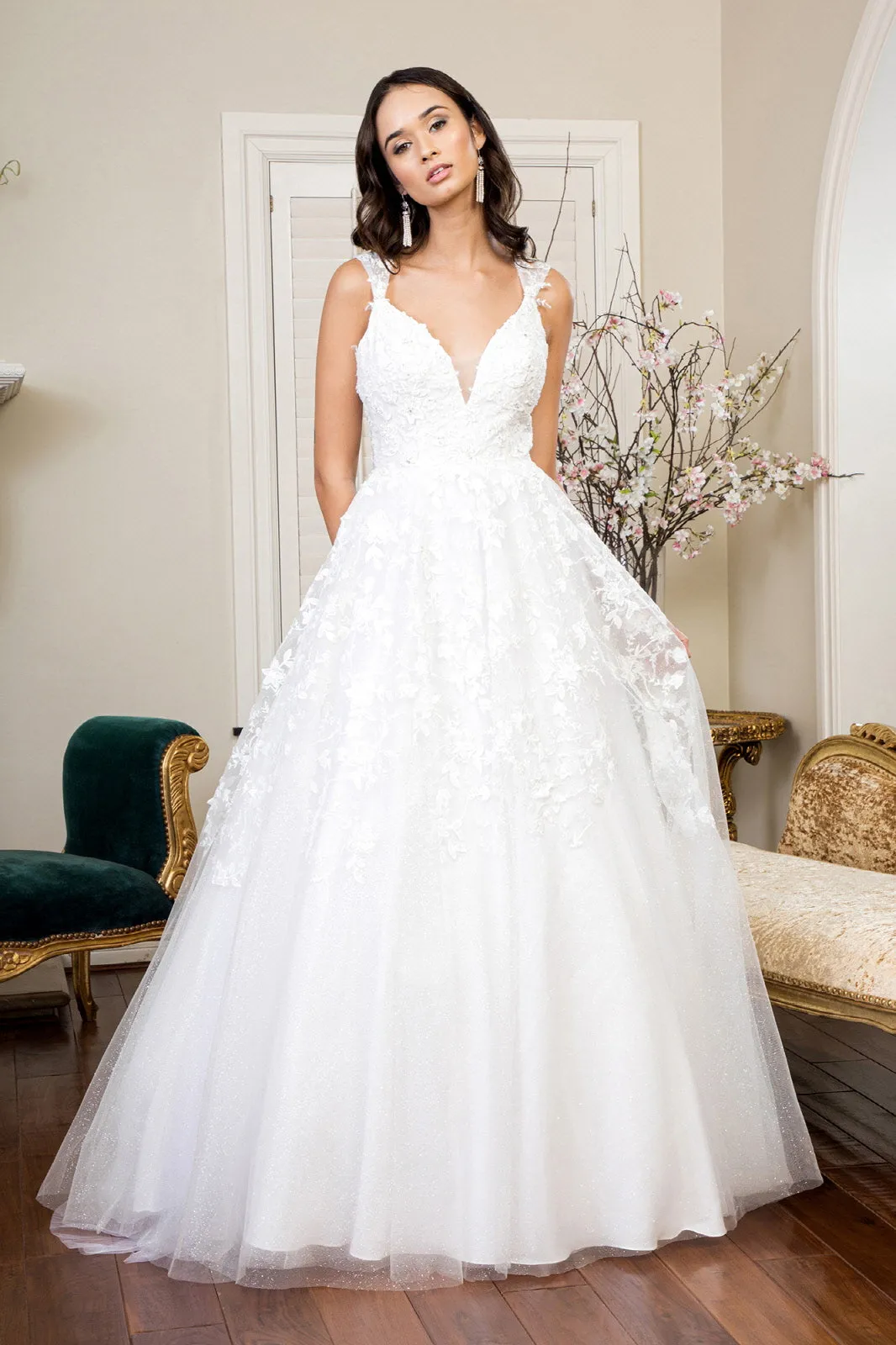 3D Floral Embroidery Cap Sleeve V-Neck Glitter Mesh Wedding Gown - Mask Not Included GLGL1950