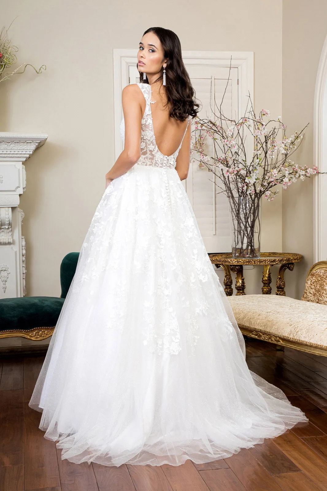 3D Floral Embroidery Cap Sleeve V-Neck Glitter Mesh Wedding Gown - Mask Not Included GLGL1950