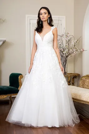 3D Floral Embroidery Cap Sleeve V-Neck Glitter Mesh Wedding Gown - Mask Not Included GLGL1950