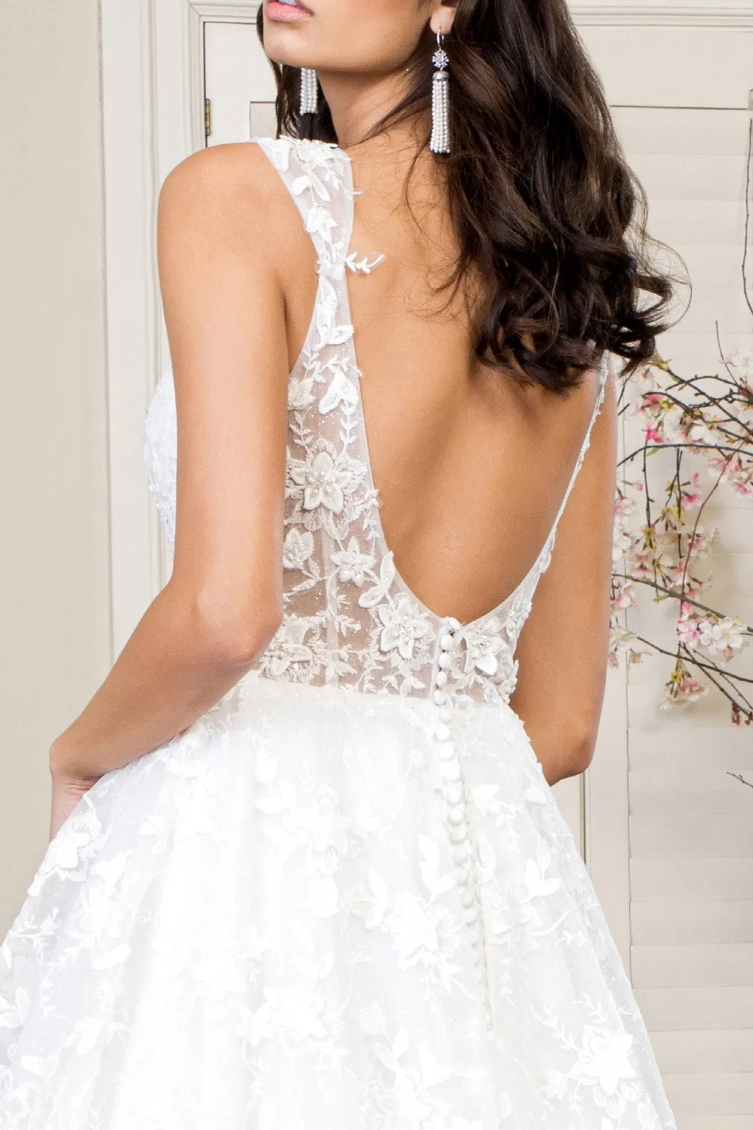 3D Floral Embroidery Cap Sleeve V-Neck Glitter Mesh Wedding Gown - Mask Not Included GLGL1950