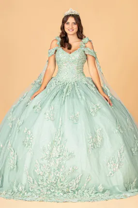 3D Flower Applique Mesh Quinceanera with Side Mesh Drapes Ball Dress GLGL3099