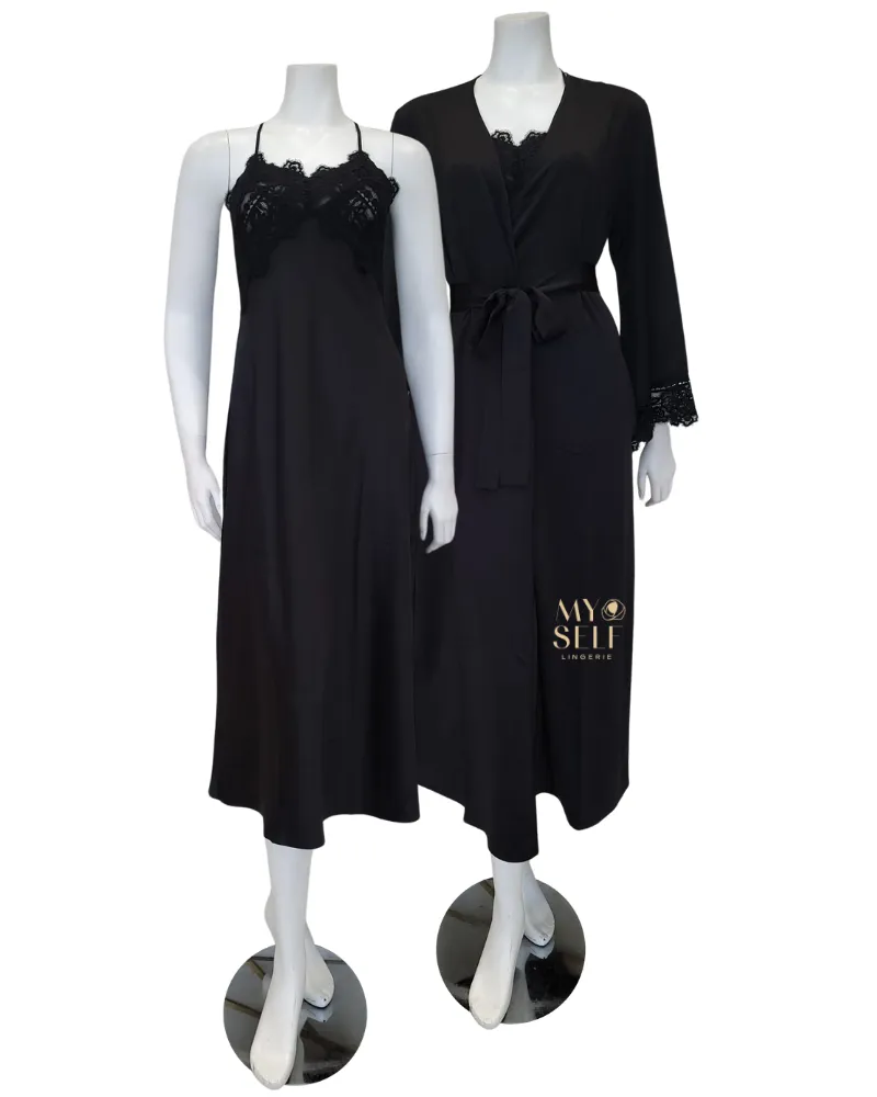 573 574 Black Rosey Chiffon Gown & Robe Set