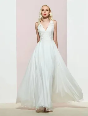 A-Line Evening Gown Open Back Dress Wedding Party Birthday Floor Length Sleeveless V Neck Chiffon with Appliques
