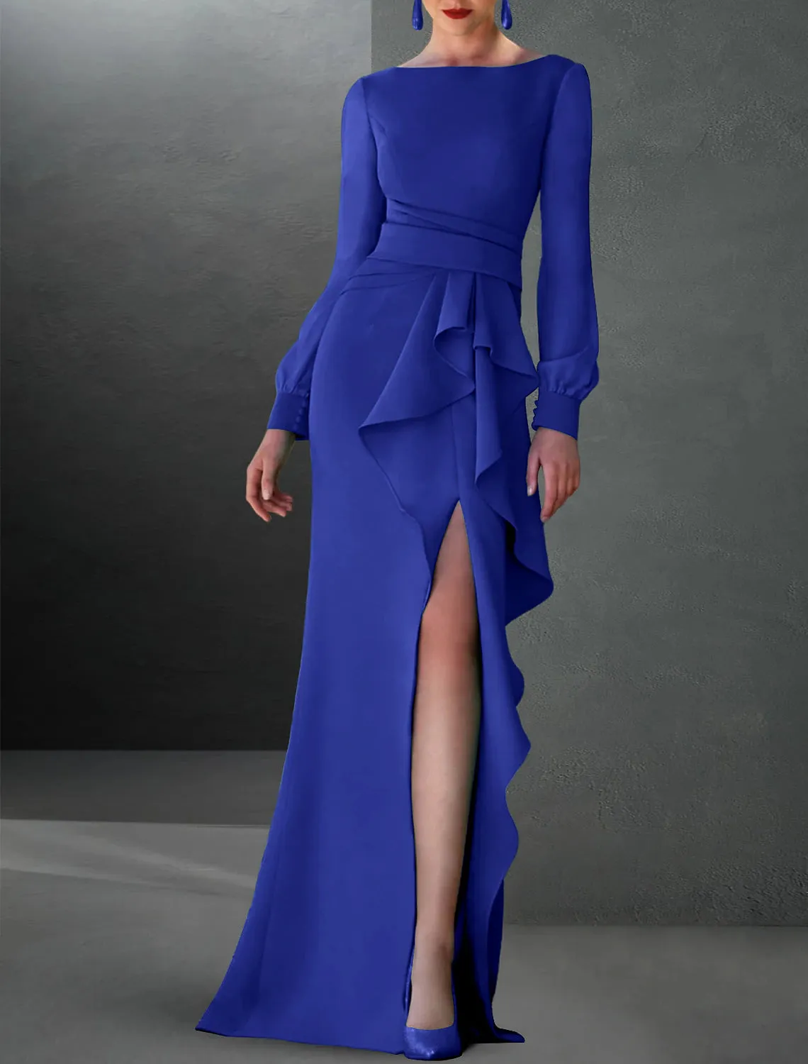 A-Line Evening Gown Party Dress Sweep / Brush Train Long Sleeve Jewel Neck Stretch Chiffon with Ruffles Slit
