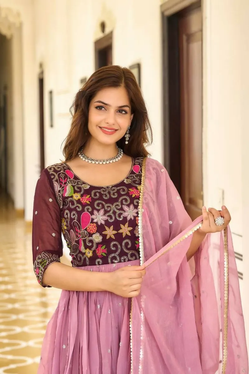 Aastha Fashion Pink Simmer sequence Embroidery with thread Work Gown
