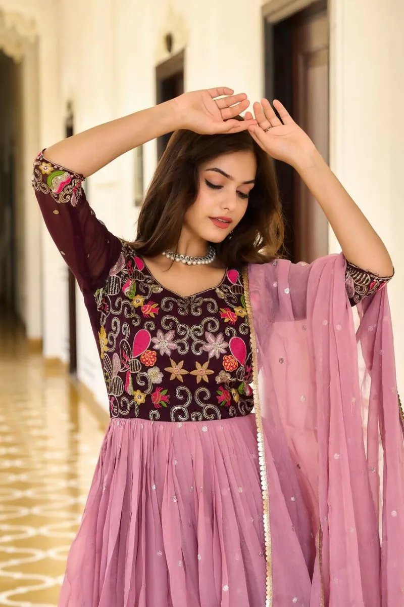 Aastha Fashion Pink Simmer sequence Embroidery with thread Work Gown