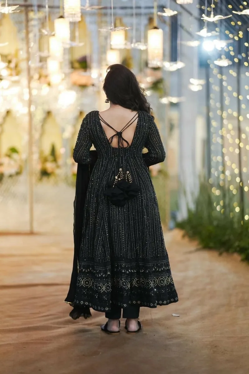 Aastha Fashion Women's Black Faux Georgette Zari Embroidery with Sequence work Gown with Dupatta