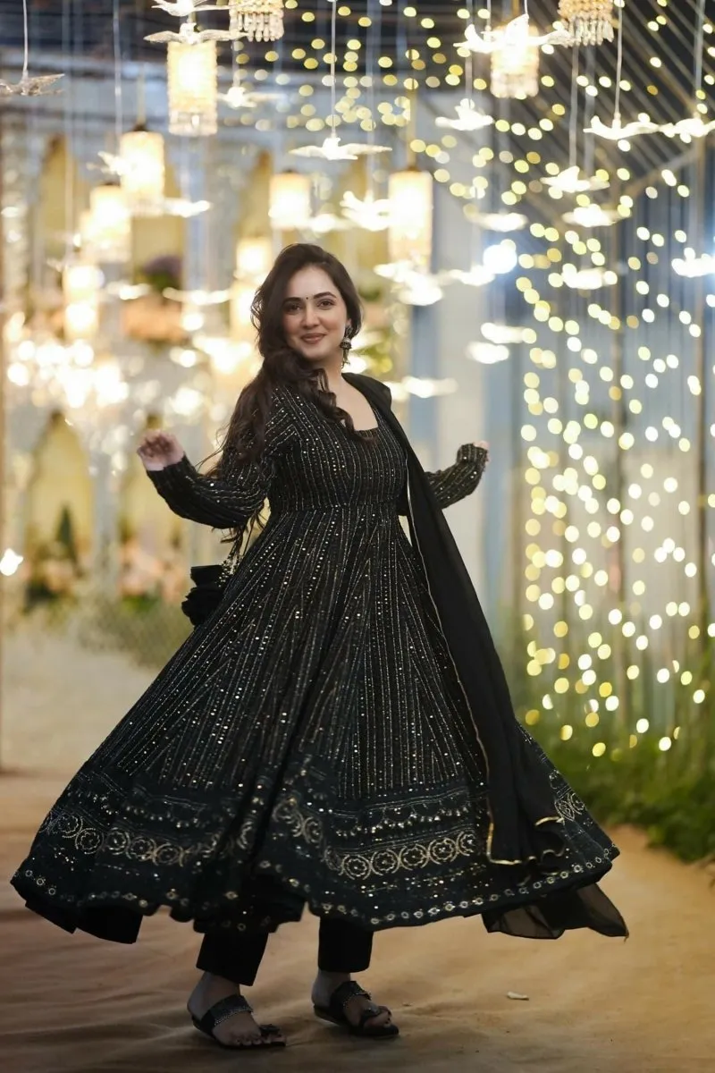 Aastha Fashion Women's Black Faux Georgette Zari Embroidery with Sequence work Gown with Dupatta