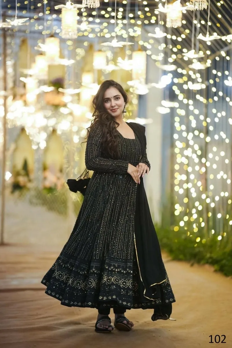 Aastha Fashion Women's Black Faux Georgette Zari Embroidery with Sequence work Gown with Dupatta