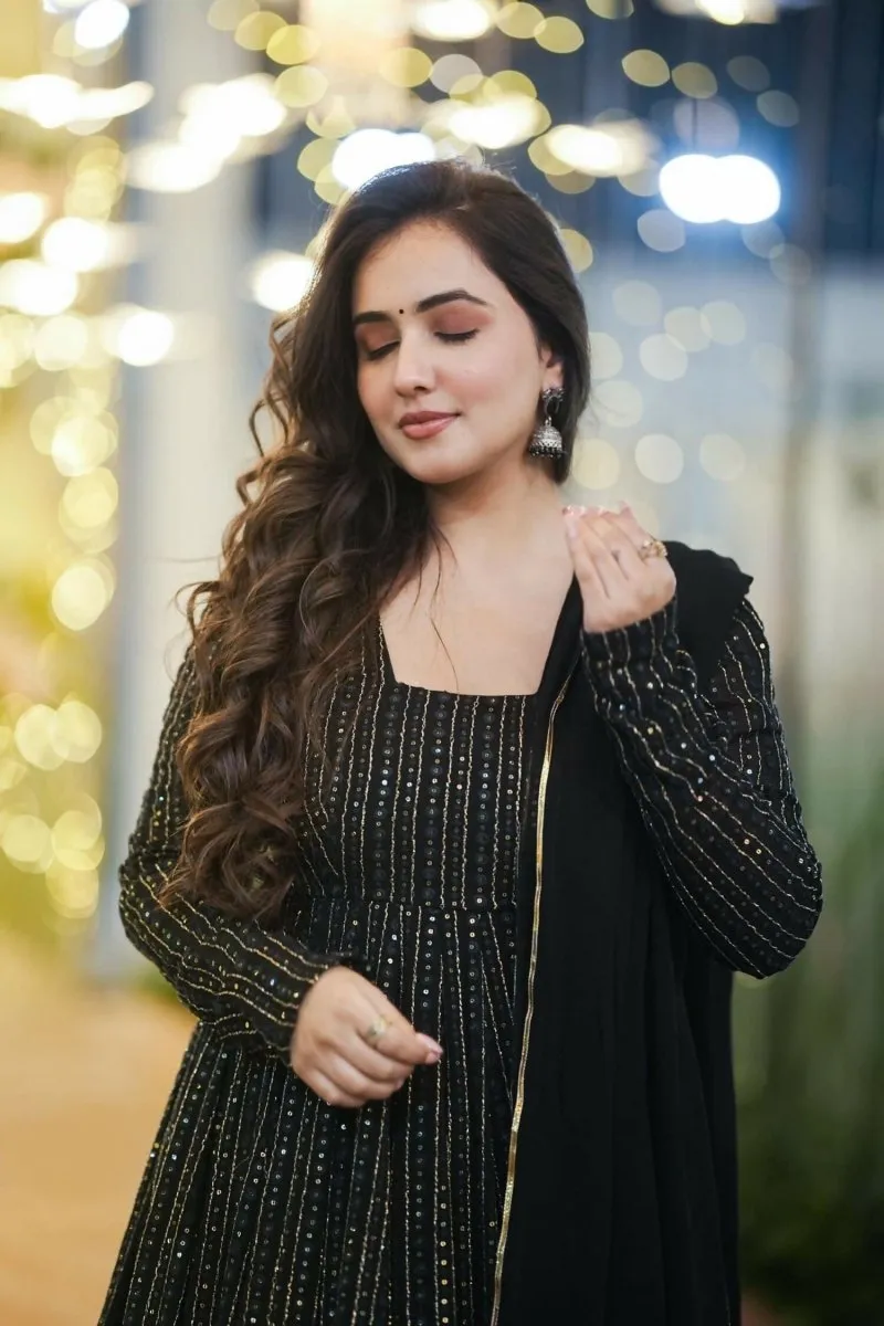 Aastha Fashion Women's Black Faux Georgette Zari Embroidery with Sequence work Gown with Dupatta