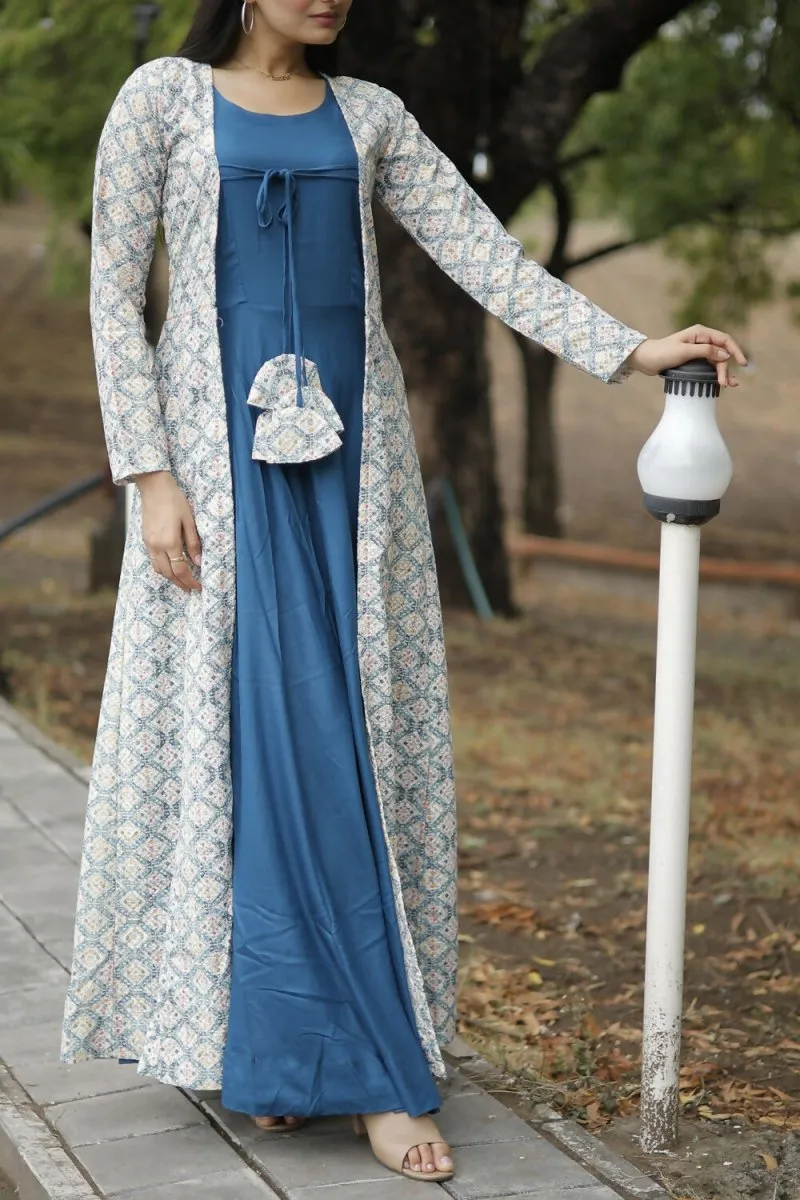 Aastha Fashion Women's Blue Designer Rayon Gown with Crochet Embroidery Work Shrug