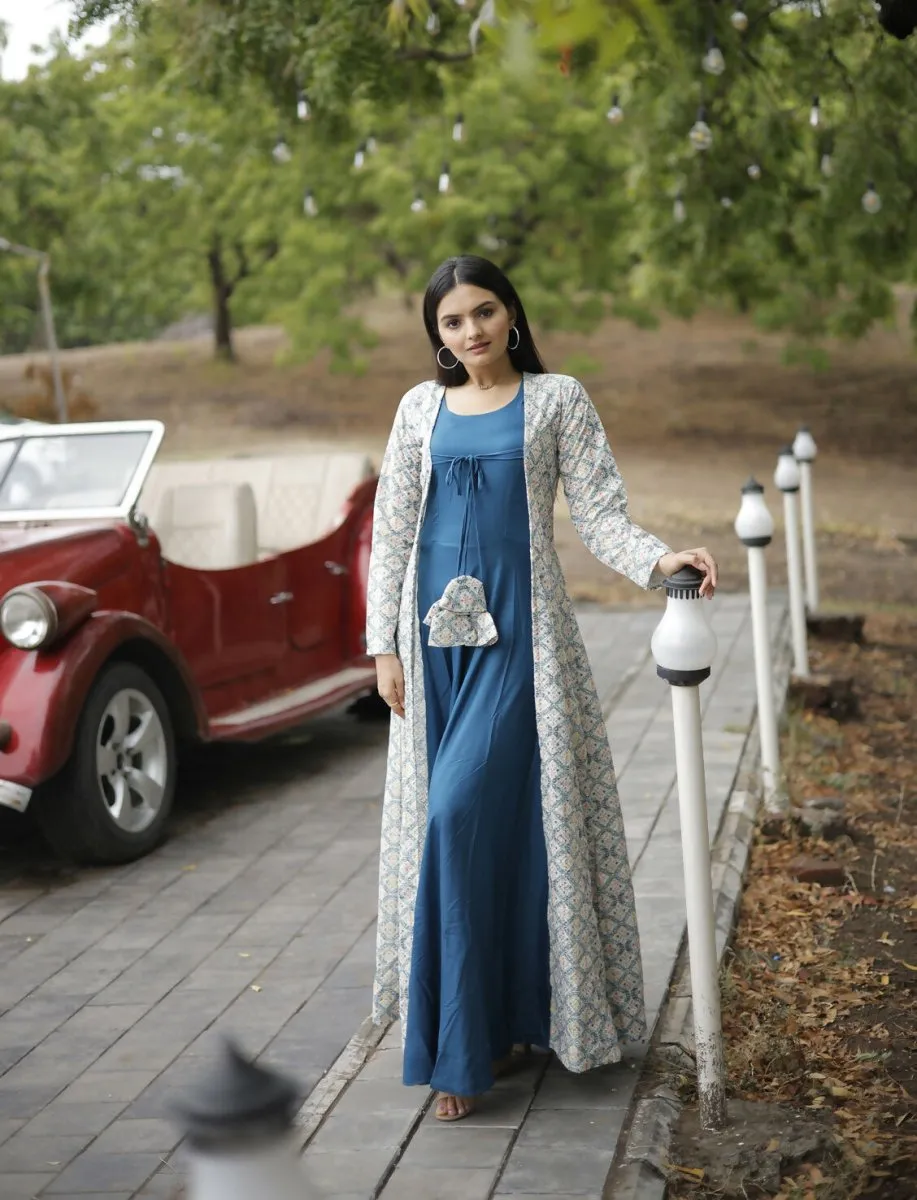 Aastha Fashion Women's Blue Designer Rayon Gown with Crochet Embroidery Work Shrug