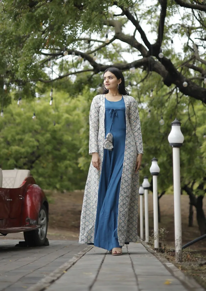 Aastha Fashion Women's Blue Designer Rayon Gown with Crochet Embroidery Work Shrug