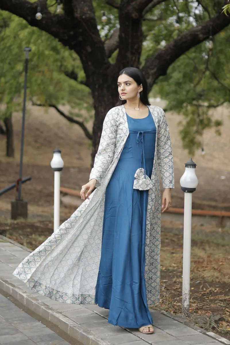 Aastha Fashion Women's Blue Designer Rayon Gown with Crochet Embroidery Work Shrug