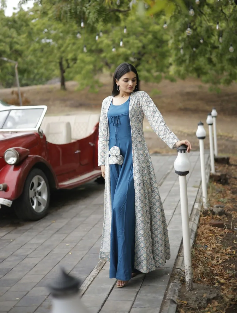 Aastha Fashion Women's Blue Designer Rayon Gown with Crochet Embroidery Work Shrug