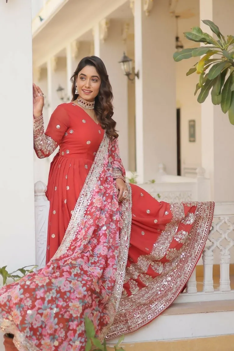 Aastha Fashion Women's Orange Faux Georgette Embroidery Zari Sequins-Work Gown