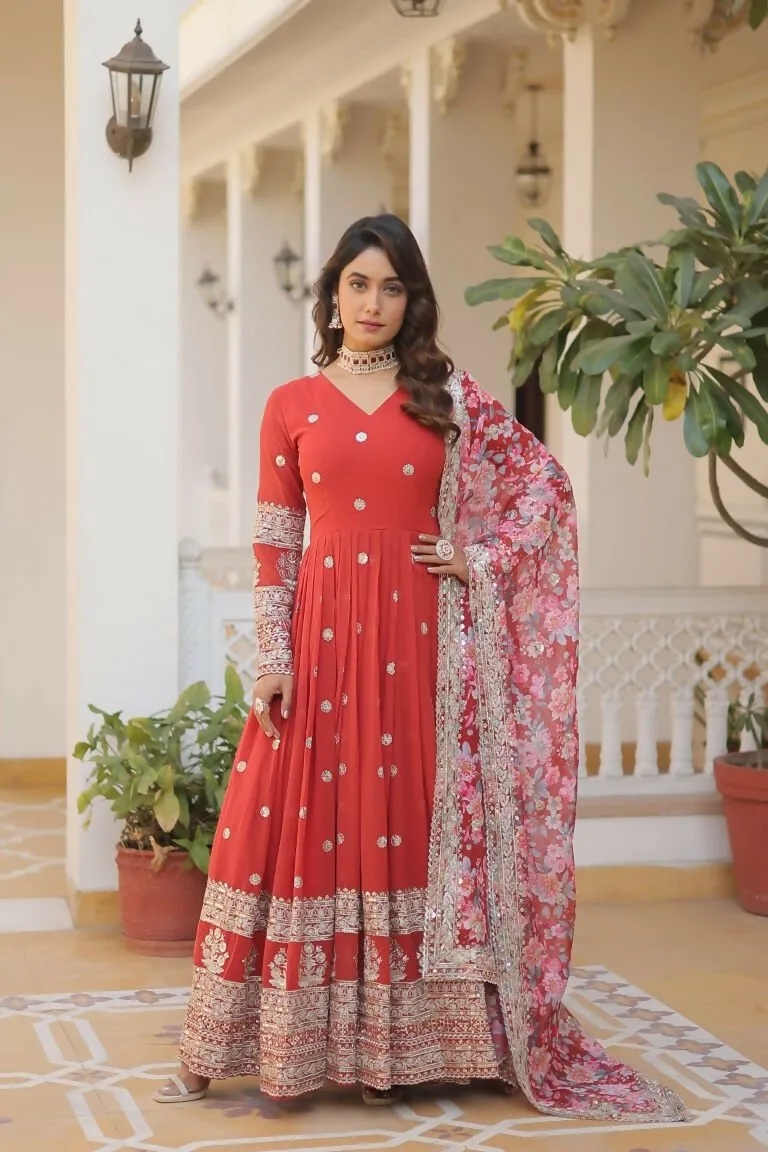 Aastha Fashion Women's Orange Faux Georgette Embroidery Zari Sequins-Work Gown