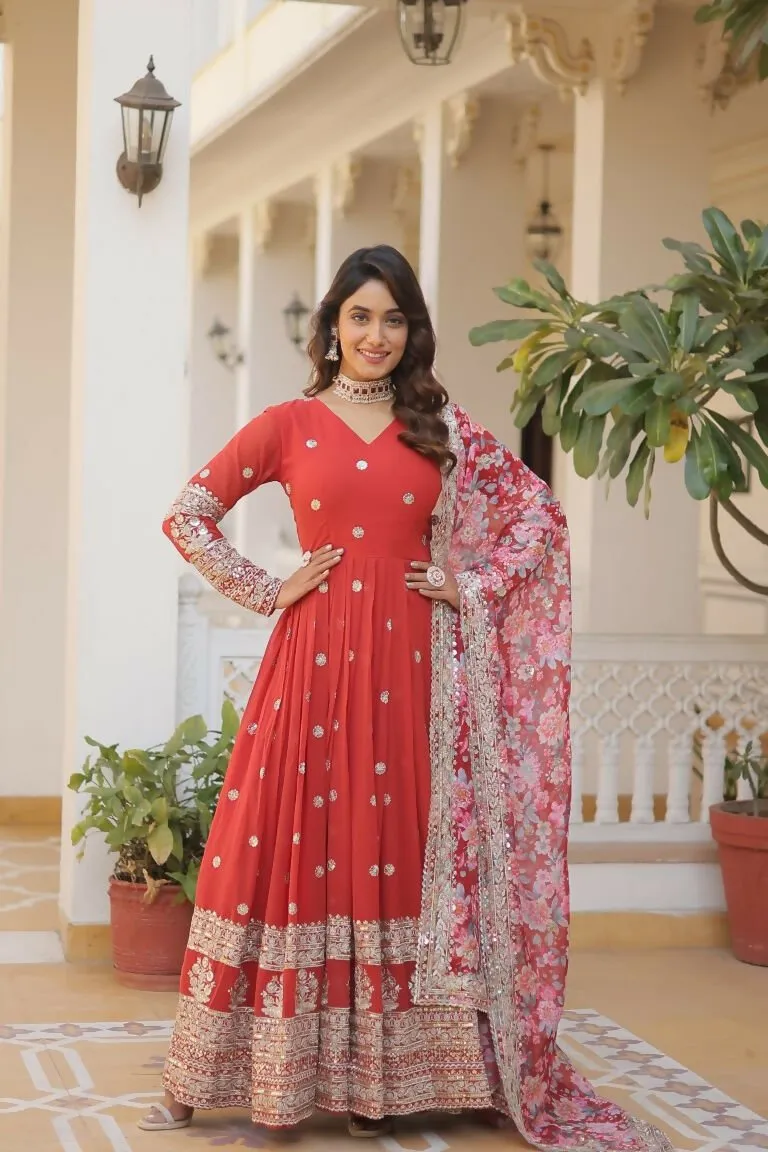 Aastha Fashion Women's Orange Faux Georgette Embroidery Zari Sequins-Work Gown