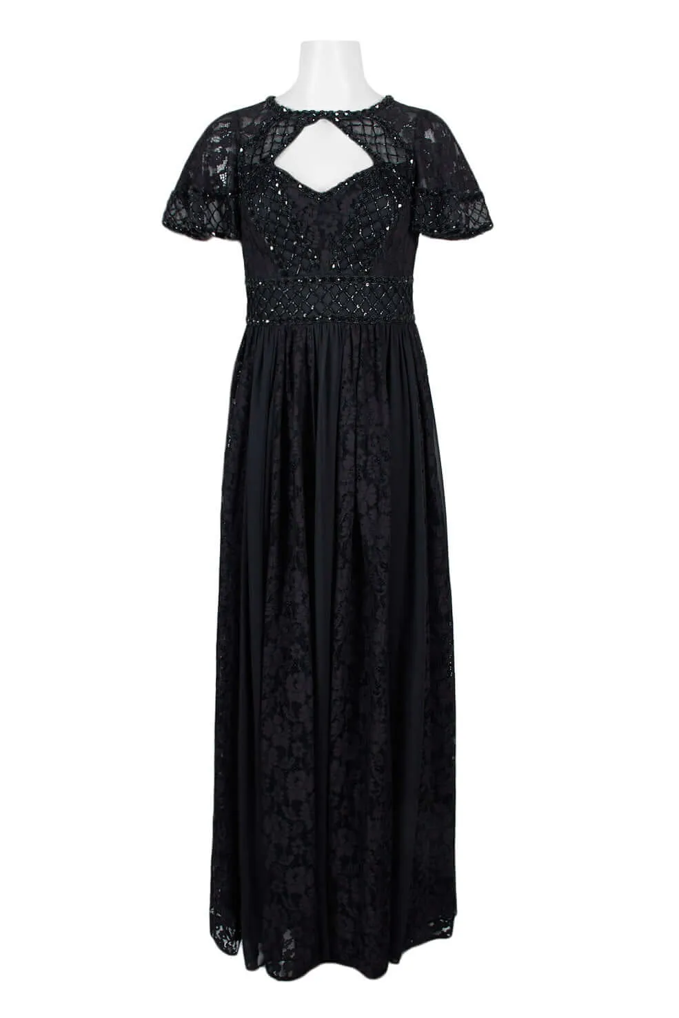 Aidan Mattox Crew Neck Short Sleeve Keyhole Front Floral Lace Embellished Bodice Ruched Zipper Back Chiffon Dress