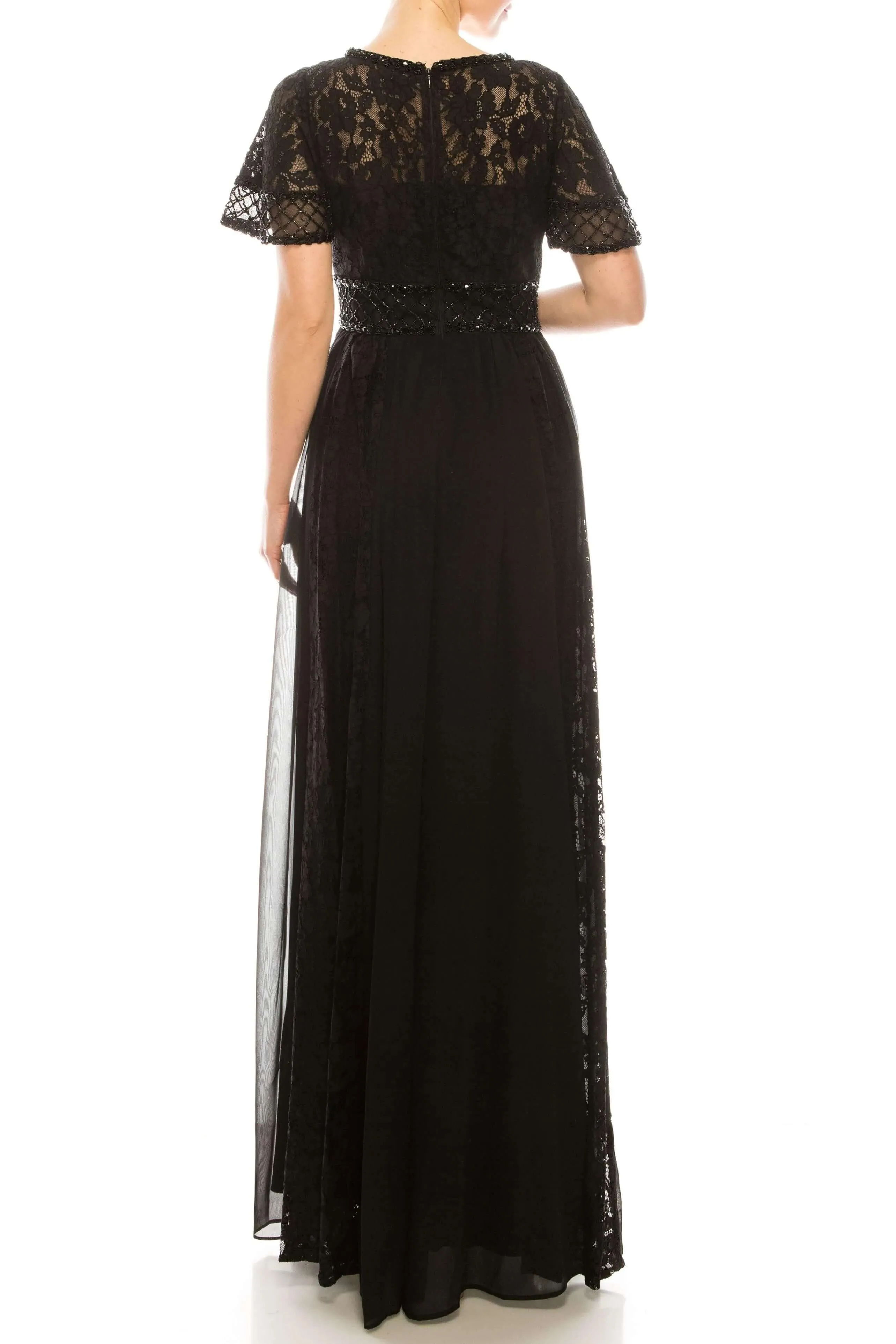 Aidan Mattox Crew Neck Short Sleeve Keyhole Front Floral Lace Embellished Bodice Ruched Zipper Back Chiffon Dress