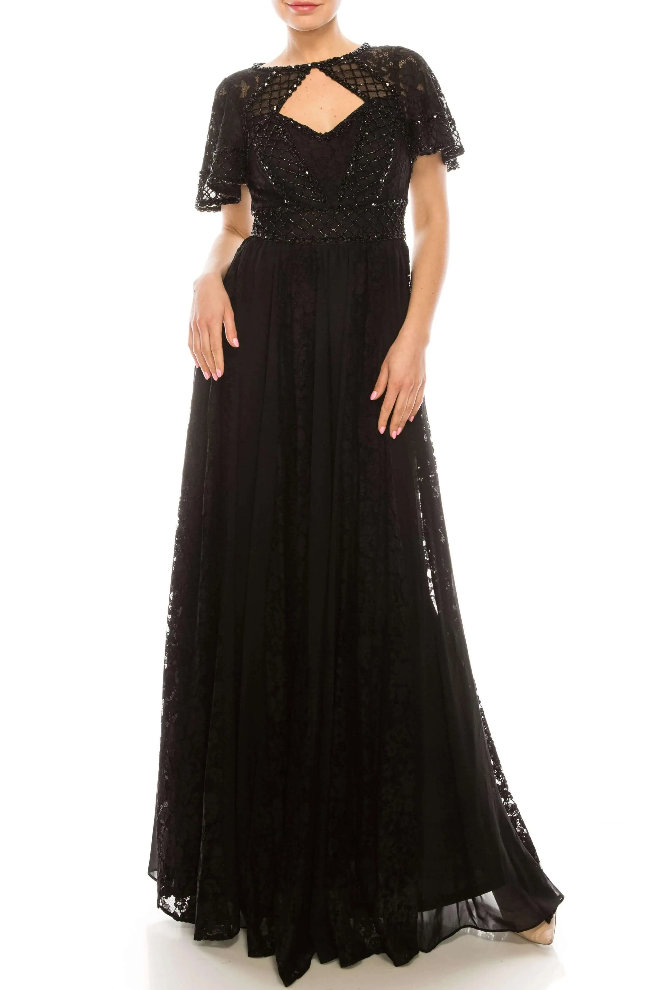 Aidan Mattox Crew Neck Short Sleeve Keyhole Front Floral Lace Embellished Bodice Ruched Zipper Back Chiffon Dress