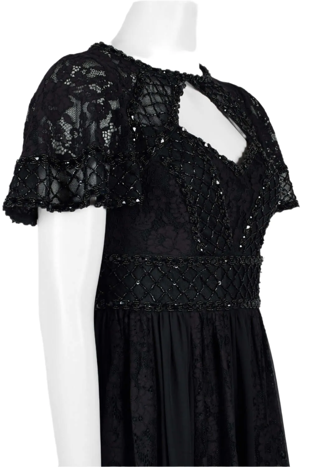 Aidan Mattox Crew Neck Short Sleeve Keyhole Front Floral Lace Embellished Bodice Ruched Zipper Back Chiffon Dress