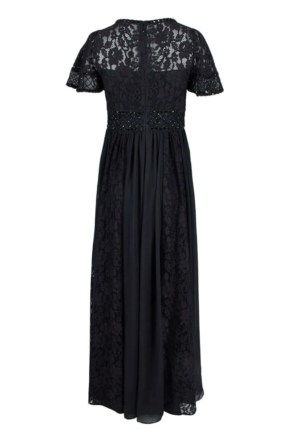 Aidan Mattox Crew Neck Short Sleeve Keyhole Front Floral Lace Embellished Bodice Ruched Zipper Back Chiffon Dress