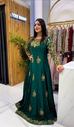 Amazing Teal Green Embroidery Work Gown