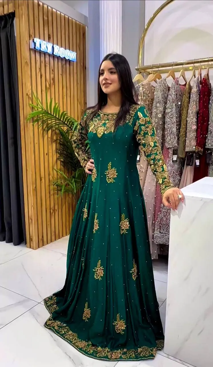 Amazing Teal Green Embroidery Work Gown