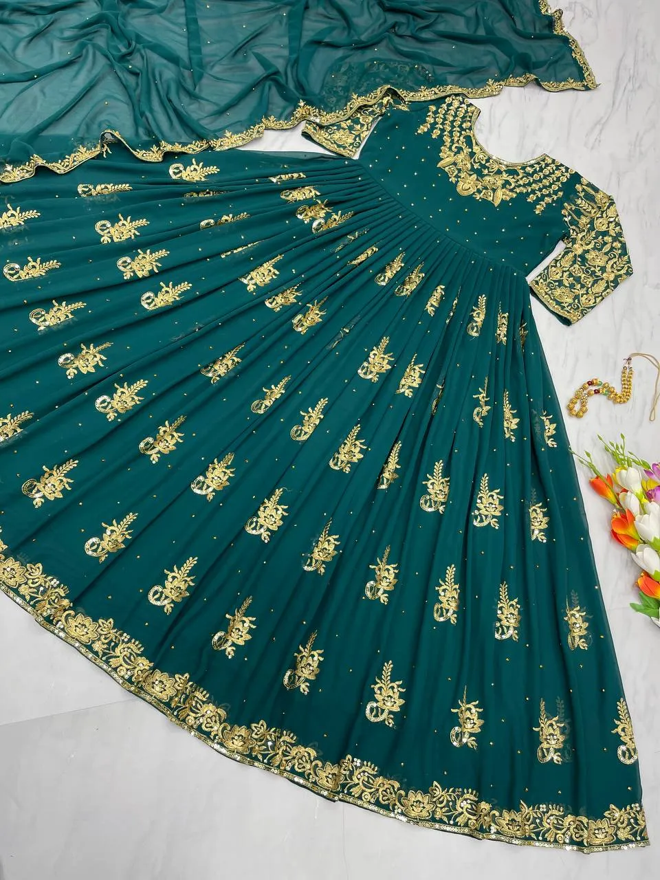 Amazing Teal Green Embroidery Work Gown