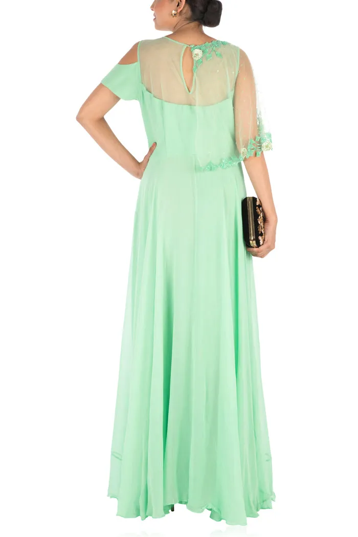Anushree Agarwal Hand Embroidered Lime Green Gown With One Side Cape and Cold-Shoulder