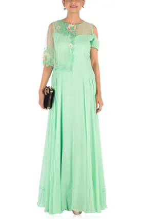 Anushree Agarwal Hand Embroidered Lime Green Gown With One Side Cape and Cold-Shoulder