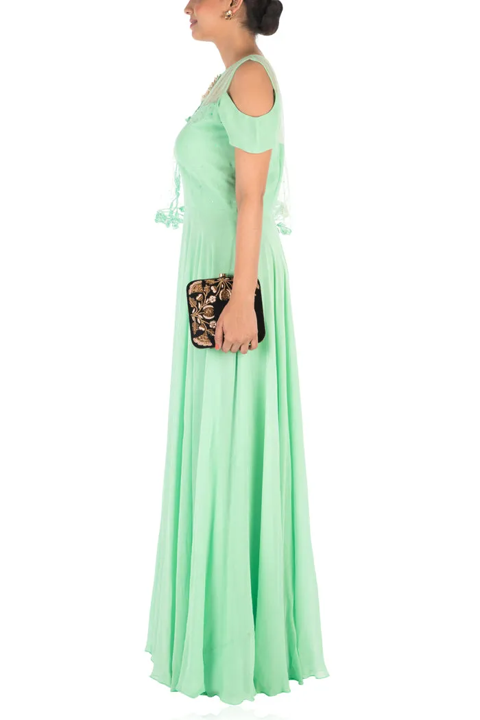 Anushree Agarwal Hand Embroidered Lime Green Gown With One Side Cape and Cold-Shoulder