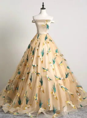 At Great Prices Champagne Gold Ball Gown Tulle Off the Sholuder Embroidery Quinceanera Dress